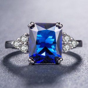 NEW Radiant Cut Blue Sapphire Silver Diamond Ring